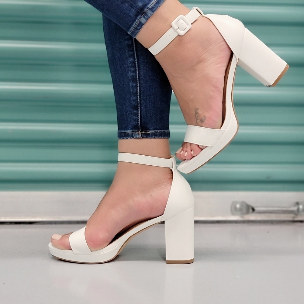 White Open Toe Chunky Block Heel Sandals Women’s Dress Shoes